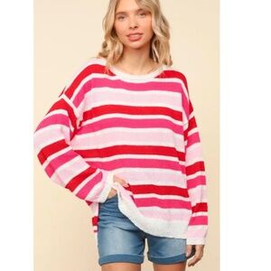 Pink Red Striped Oversized Knit Top